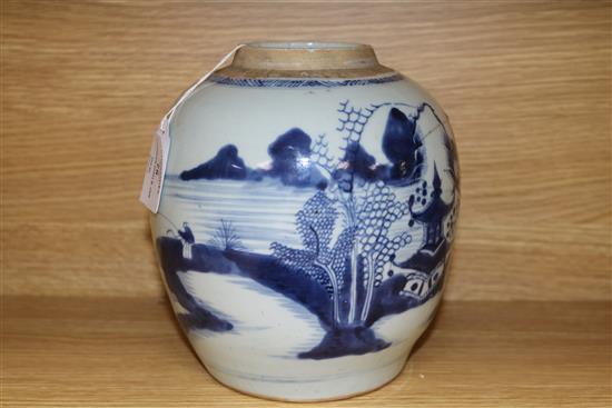 A 19th century Chinese famille rose dish and a blue and white jar dish diameter 23cm